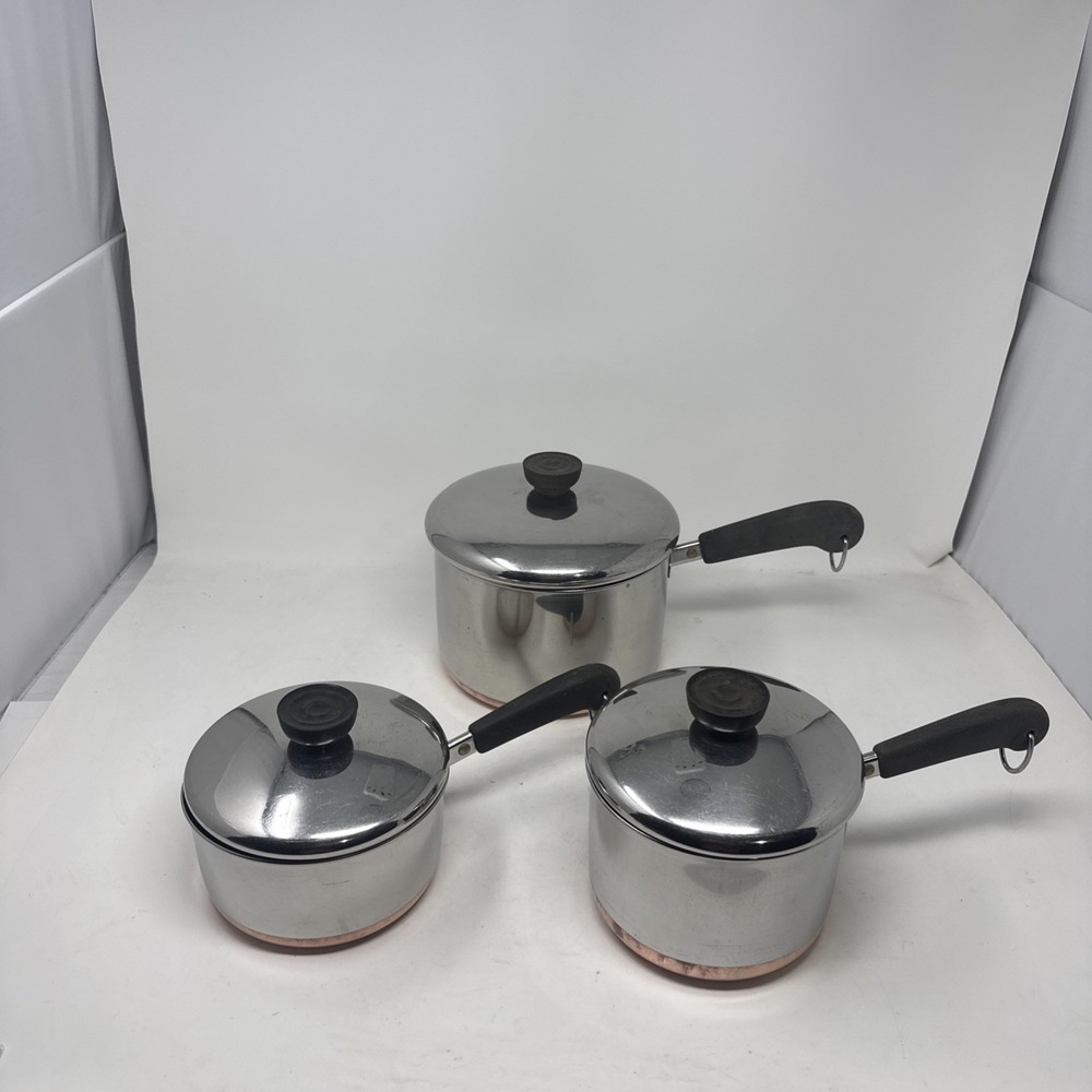 Revere Ware Copper Bottom Saucepan Set 3 Pots With Lids 1 Qt 1.5 Qt 3Qt